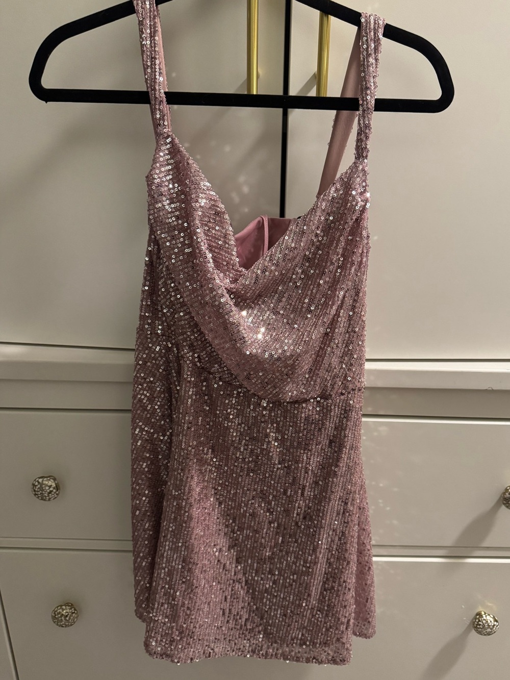 Rose Pink Sequin Cowl Mini Dress